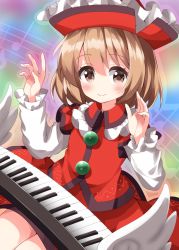 Rule 34 | 1girl, beamed eighth notes, blush, brown eyes, brown hair, closed mouth, eighth note, hair between eyes, hat, highres, instrument, keyboard (instrument), long sleeves, looking at viewer, lyrica prismriver, musical note, red hat, red skirt, red vest, ruu (tksymkw), shirt, short hair, skirt, smile, solo, staff (music), touhou, vest, white shirt