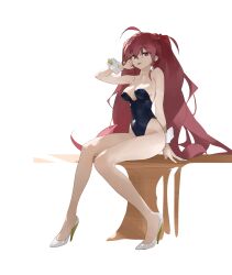 Rule 34 | 1girl, absurdres, dokshuri, high heels, highres, leotard, original, playboy bunny, red eyes, red hair, sitting, solo, tongue, tongue out, white background