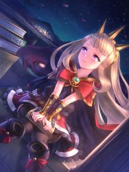 Rule 34 | 10s, 1girl, black footwear, black thighhighs, blonde hair, blush, book, boots, cagliostro (granblue fantasy), cape, crown, dragon, granblue fantasy, highres, long hair, purple eyes, sitting, skirt, sky, solo, star (sky), starry sky, thighhighs, yapo (croquis side)