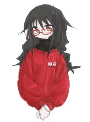 Rule 34 | 1girl, black hair, blush, closed mouth, clothes writing, cropped legs, glasses, long hair, long sleeves, looking at viewer, null-meta, orange eyes, own hands together, red-framed eyewear, red sweater, reitoubeef, simple background, sketch, solo, souen chiaki, sweater, turtleneck, white background