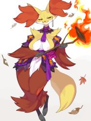 Rule 34 | 1girl, :3, absurdres, animal ear fluff, animal ears, animal feet, animal hands, animal nose, areola slip, black fur, blush, body fur, breasts, closed mouth, clothed pokemon, contrapposto, creatures (company), delphox, detached sleeves, female focus, fire, flower, food, fox ears, fox girl, fox tail, frilled skirt, frills, full body, furry, furry female, game freak, gen 6 pokemon, gradient background, half-closed eyes, hands up, happy, highres, holding, holding stick, kame (3t), large breasts, leaf, leg up, licking lips, looking at viewer, maple leaf, monocle, monocle chain, multicolored fur, necktie, nintendo, nipple slip, nipples, orange eyes, pink flower, pink rose, pokemon, pokemon (creature), puffy short sleeves, puffy sleeves, purple necktie, purple skirt, purple sleeves, red fur, rose, sash, short sleeves, showgirl skirt, simple background, skirt, smile, solo, standing, standing on one leg, stick, striped sleeves, sweet potato, tail, tongue, tongue out, white background, white fur, wide hips, yellow fur