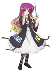 Rule 34 | 1girl, blonde hair, dress, full body, gradient hair, hand on own cheek, hand on own face, highres, hijiri byakuren, jewelry, long hair, multicolored hair, mystical power plant, necklace, purple hair, shoes, smile, socks, solo, sorcerer&#039;s sutra scroll, teitoku, touhou, transparent background, wand, white background, yellow eyes