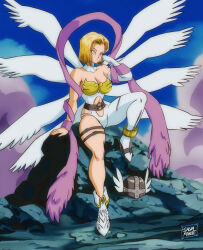 Rule 34 | 1girl, android 18, angel wings, angewomon, angewomon (cosplay), asymmetrical gloves, asymmetrical legwear, bare shoulders, blonde hair, breasts, cleavage, cosplay, crossover, digimon, dragon ball, female focus, gloves, helmet, large breasts, rock, sitting, sky, solo, thick thighs, thighs, white footwear, wings