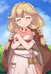 Rule 34 | 1girl, absurdres, anti-kirby, blonde hair, blush, braid, brown eyes, brown hair, cameo, cape, closed eyes, closed mouth, commission, dress, faye (fire emblem), fire emblem, fire emblem echoes: shadows of valentia, highres, holding, jewelry, kirby (series), kutabireta neko, long hair, low-braided long hair, low-tied long hair, nintendo, sky, smile, solid oval eyes, sparkle, the legend of zelda, the legend of zelda: link&#039;s awakening, twin braids