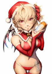 Rule 34 | 1girl, aged up, artificial vagina, bell, bikini, blonde hair, bottle, breasts, bridal gauntlets, check commentary, christmas, collar, commentary request, condom, condom packet strip, condom wrapper, detached collar, flandre scarlet, hat, highres, imizu (nitro unknown), looking at viewer, lotion bottle, lowleg, lowleg bikini, lowleg panties, md5 mismatch, neck bell, panties, red bikini, red eyes, red thighhighs, resolution mismatch, santa hat, scrunchie, sex toy, side-tie bikini bottom, side-tie panties, side ponytail, slit pupils, smile, solo, source smaller, swimsuit, thighhighs, touhou, underwear, wings