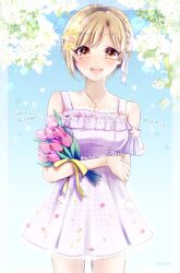 Rule 34 | 1girl, aiba yumi, arm behind back, blush, bouquet, bracelet, braid, cowboy shot, dated, dress, flower, happy birthday, hato tsukasa, highres, idolmaster, idolmaster cinderella girls, jewelry, light brown hair, looking at viewer, necklace, hugging object, off-shoulder dress, off shoulder, patterned clothing, short hair, smile, solo, teeth, twitter username, upper teeth only