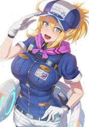 Rule 34 | 1girl, ahoge, artoria pendragon (fate), baseball cap, belt, blonde hair, blue eyes, blue hat, blue shirt, blush, book, breasts, buttons, fate/grand order, fate (series), gloves, hair between eyes, harness, hat, heroic spirit festival outfit, large breasts, long hair, looking at viewer, mysterious heroine x (fate), mysterious heroine xx (fate), mysterious heroine xx (festival outfit) (fate), name tag, nigane, ponytail, purple scarf, scarf, shirt, short sleeves, shorts, simple background, smile, solo, white background, white gloves, white shorts