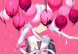 Rule 34 | 1girl, balloon, black shirt, bow, chocolate syrup, closed mouth, commentary request, covered eyes, curled fingers, facing viewer, floating hair, hair bow, hair intakes, hand up, highres, kurobikari, long hair, long sleeves, low-tied long hair, low twintails, neckerchief, original, pink background, pink bow, pink neckerchief, pink theme, sailor collar, shirt, sleeves past wrists, smile, solo, straight-on, twintails, upper body, white hair, white sailor collar