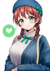 Rule 34 | 1girl, aqua eyes, aqua ribbon, bag, beret, blue cardigan, blue hat, blush, braid, breasts, cardigan, commentary, deadnooodles, emma verde, freckles, grey sweater, hat, hat ribbon, heart, highres, large breasts, long hair, long sleeves, love live!, love live! nijigasaki high school idol club, love live! school idol festival, neck ribbon, off shoulder, open cardigan, open clothes, red hair, ribbon, shoulder bag, simple background, sleeves past wrists, solo, speech bubble, spoken heart, sweater, symbol-only commentary, twin braids, unbuttoned, upper body, white background