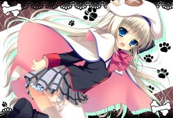 Rule 34 | 1girl, :d, blue eyes, boots, bow, cape, hand on headwear, hat, little busters!, long hair, looking at viewer, noumi kudryavka, open mouth, paw print, pink bow, raiou, resized, school uniform, silver hair, skirt, smile, solo, thighhighs, white thighhighs