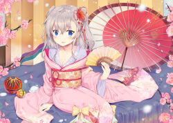 Rule 34 | 1girl, 2018, alternate costume, alternate hairstyle, arm at side, blue eyes, blue gemstone, blue kimono, blush, bow, branch, breasts, charlotte (anime), cherry blossom print, cherry blossoms, cleavage, collarbone, commentary request, dated commentary, earrings, falling petals, feet out of frame, floral print, flower, folding fan, gem, glint, grey hair, hair between eyes, hair flower, hair ornament, hand fan, hand up, heart, heart earrings, highres, holding, holding fan, indoors, japanese clothes, jewelry, kimono, layered clothes, layered kimono, long hair, long sleeves, looking at viewer, maruma (maruma gic), medium breasts, obi, off shoulder, oil-paper umbrella, open mouth, petals, pink kimono, red flower, red tassel, red umbrella, sash, second-party source, sidelocks, sitting, smile, solo, spring (season), tomori nao, two side up, umbrella, wavy hair, wide sleeves, yellow bow, yukata