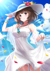 Rule 34 | 1girl, bad id, bad pixiv id, bare shoulders, blue sky, bracelet, brown hair, cloud, day, dress, flower, flower hat, grey eyes, hat, highres, jewelry, looking at viewer, original, outdoors, petals, short hair, sky, sleeveless, smile, solo, sun hat, sundress, sunlight, usami (ym1989), white dress