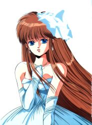 Rule 34 | 1980s (style), 1girl, blue eyes, brown hair, dangaiou, dress, earrings, elbow gloves, gloves, hair ornament, highres, hirano toshihiro, jewelry, long eyelashes, long hair, looking at viewer, mia alice, necklace, non-web source, official art, oldschool, parted lips, retro artstyle, scan, simple background, solo, strapless, strapless dress, very long hair, white background, white dress, white gloves