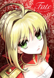 Rule 34 | 10s, 1girl, ahoge, blonde hair, braid, braided bun, breasts, cleavage, cover, cover page, dutch angle, epaulettes, eyelashes, fate/extra, fate/stay night, fate (series), green eyes, hair bun, hair intakes, nero claudius (fate), nero claudius (fate) (all), nero claudius (fate/extra), official art, portrait, single hair bun, small breasts, solo, wada arco