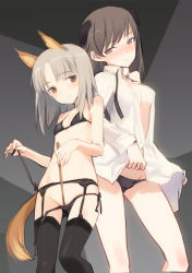 Rule 34 | 10s, 2girls, animal ears, black background, black bra, black legwear, black panties, blouse, blush, bow, bowtie, bra, brave witches, breasts, brown hair, cleavage, dark background, dog ears, edytha rossmann, flat chest, fox ears, fox tail, garter belt, garter straps, grey hair, height difference, johanna wiese, lingerie, looking at viewer, multiple girls, no bra, open clothes, open shirt, panties, pointer, seductive smile, shimada fumikane, shirt, side-tie panties, simple background, smile, strike witches, tail, thighhighs, two-tone background, underwear, underwear only, undressing, untied panties, white shirt, world witches series