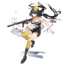 Rule 34 | 1girl, apron, artist request, bag, bandana, bandana around neck, black dress, black footwear, black hair, boots, breasts, broken, chalkboard sign, colt 9mm smg, cross-laced footwear, cup, disposable cup, dress, english text, full body, girls&#039; frontline, gloves, gun, handbag, hat, heterochromia, high heel boots, high heels, highres, holding, holding gun, holding weapon, kepi, knee boots, lace-up boots, large breasts, long hair, looking at viewer, low twintails, military hat, multicolored hair, official alternate costume, official art, parted lips, pink bag, red eyes, ro635 (girls&#039; frontline), ro635 (sakura milkshake) (girls&#039; frontline), sale, short dress, simple background, single glove, skindentation, sleeveless, sleeveless dress, spill, standing, standing on one leg, streaked hair, submachine gun, suppressor, thighhighs, third-party source, torn apron, torn clothes, torn dress, torn thighhighs, transparent background, tray, trigger discipline, twintails, v-shaped eyebrows, very long hair, waitress, weapon, white apron, white background, white hair, yellow bandana, yellow eyes, yellow gloves, yellow hat, yellow thighhighs