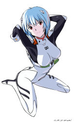 Rule 34 | 10s, 1girl, 2016, ahoge, arms up, artist name, ayanami rei, baba arumi, bad id, bad pixiv id, blue hair, bodysuit, breasts, closed mouth, dated, hairpods, head tilt, interface headset, neon genesis evangelion, orange hair, plugsuit, red eyes, short hair, simple background, sitting, skin tight, smile, solo, tareme, two side up, wariza, white background