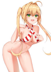 Rule 34 | 1girl, absurdres, ahoge, bad id, bad pixiv id, bent over, bikini, blonde hair, blush, bottomless, breasts, catnnn, criss-cross halter, fang, fate/grand order, fate (series), green eyes, hair between eyes, hair intakes, halterneck, highres, large breasts, long hair, looking at viewer, navel, nero claudius (fate), nero claudius (fate) (all), nero claudius (swimsuit caster) (fate), simple background, smile, solo, striped bikini, striped clothes, swimsuit, twintails, white background