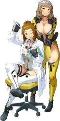 Rule 34 | 2girls, :3, ;q, bodysuit, breasts, brown hair, chair, cleavage, crossed legs, gloves, hair ornament, hairclip, hat, katrina company, lab coat, large breasts, light brown hair, long sleeves, looking at viewer, multiple girls, notepad, office chair, official art, one eye closed, sitting, smile, standing, stylus, super robot wars, super robot wars x-omega, swivel chair, tongue, tongue out, transparent background, watanabe wataru (character designer)