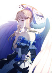 Rule 34 | 1girl, angel wings, bare shoulders, blue bow, bow, collarbone, commentary request, detached sleeves, dress, feathered wings, flower, from side, halo, highres, idolmaster, idolmaster million live!, long hair, mikapoe, rose, simple background, smile, solo, strapless, strapless dress, tenkuubashi tomoka, white background, white flower, white rose, white wings, wings