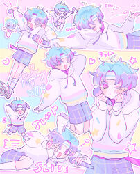 Rule 34 | 1boy, blue hair, blush, chibi, closed eyes, commentary, cookie run, english text, humanization, looking at viewer, male focus, mamimumemo, multicolored hair, multiple persona, personification, popping candy cookie, purple hair, shorts, solo, translation request, two-tone hair