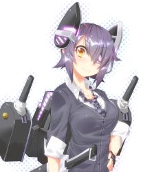 Rule 34 | 10s, 1girl, checkered clothes, checkered necktie, checkered neckwear, eyepatch, fingerless gloves, gloves, halftone, halftone background, hand on own hip, headgear, highres, kantai collection, looking at viewer, machinery, miiyon, necktie, purple hair, short hair, smile, solo, tenryuu (kancolle), turret, yellow eyes