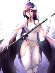 Rule 34 | 1girl, ahoge, albedo (overlord), bare hips, black hair, black wings, boa sorte, choker, covered navel, dress, feathered wings, gloves, hair between eyes, highres, hip vent, holding, holding polearm, holding weapon, horns, long hair, looking at viewer, low wings, overlord (maruyama), polearm, sleeveless, sleeveless dress, smile, solo, standing, very long hair, weapon, white dress, white gloves, wings, yellow eyes