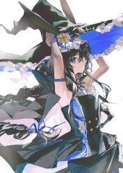 Rule 34 | 1girl, absurdres, ambience synesthesia, amiya (arknights), animal ears, arknights, armpits, arms up, black dress, black hair, black hat, blue eyes, braid, braided ponytail, cape, closed mouth, commentary request, cowboy shot, dress, frilled headwear, hat, highres, long hair, looking at viewer, official alternate costume, rabbit ears, rabbit girl, simple background, skolly, solo, strapless, strapless dress, very long hair, white background, witch hat