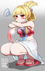 Rule 34 | 1girl, ball, beachball, blonde hair, blunt bangs, blush, bow, breasts, cleavage, commentary request, folded ponytail, looking at viewer, navel, original, red bow, red eyes, sandals, see-through, solo, squatting, swimsuit, tiptoes, yuzu gin (pika97)