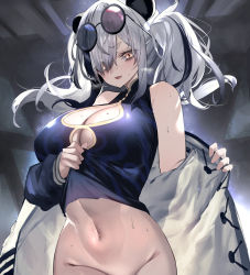 Rule 34 | 1girl, :d, absurdres, animal ears, arknights, bare shoulders, black hair, bottomless, breasts, cleavage, cleavage cutout, clothing cutout, commentary request, crop top, eyewear on head, feater (arknights), groin, hair over one eye, highres, inumata ichini, jacket, large breasts, long hair, looking at viewer, multicolored hair, navel, off shoulder, open clothes, open jacket, open mouth, out-of-frame censoring, panda ears, partial commentary, silver hair, smile, solo, stomach, streaked hair, sunglasses, twintails