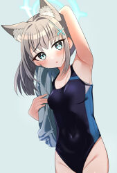 Rule 34 | 1girl, animal ear fluff, animal ears, black one-piece swimsuit, blue archive, blue eyes, blue jacket, breasts, competition swimsuit, covered navel, cross hair ornament, extra ears, grey hair, hair ornament, halo, highres, jacket, leaning to the side, looking at viewer, low ponytail, medium breasts, medium hair, mismatched pupils, multicolored clothes, multicolored swimsuit, one-piece swimsuit, shiroko (blue archive), shiroko (swimsuit) (blue archive), solo, swimsuit, villeannn