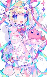 Rule 34 | 1girl, :d, alternate costume, artist name, bag, blonde hair, blue bow, blue eyes, blue hair, blue skirt, bow, bowtie, bright pupils, character doll, chouzetsusaikawa tenshi-chan, collared shirt, commentary, cowboy shot, cross-laced clothes, cross-laced sleeves, cross-shaped pupils, hair bow, hair ornament, hairclip, highres, hugging doll, hugging object, jacket, long sleeves, looking at viewer, multicolored hair, multiple hair bows, needy girl overdose, open mouth, pien cat (needy girl overdose), pink bow, pink jacket, pleated skirt, purple bag, purple bow, quad tails, red bow, red hair, shirt, shoulder bag, signature, simple background, skirt, sleeve bow, sleeves past fingers, sleeves past wrists, smile, solo, sparkle, stuffed animal, stuffed toy, sushiuma m, symbol-shaped pupils, umbrella octopus, white background, white bow, white pupils, white shirt, wing collar