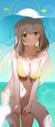 Rule 34 | 1girl, absurdres, ashinagi (bijutu1), bikini, blue archive, blurry, blurry background, blush, breasts, cleavage, collarbone, front-tie bikini top, front-tie top, grin, halo, hat, highres, horizon, innertube, large breasts, lens flare, long hair, looking at viewer, navel, nonomi (blue archive), nonomi (swimsuit) (blue archive), outdoors, side-tie bikini bottom, smile, solo, straight hair, sun hat, swim ring, swimsuit, very long hair, yellow bikini