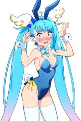 Rule 34 | 1girl, aged up, animal ears, blue bow, blue bowtie, blue eyes, blue hair, blue leotard, blush, bow, bowtie, breasts, collar, commentary, constricted pupils, covered navel, cowboy shot, cure sky, cut bangs, detached collar, earrings, fake animal ears, fake tail, fang, flying sweatdrops, frown, gradient hair, highleg, highleg leotard, highres, hirogaru sky! precure, jewelry, kaatsu katsurou, leotard, long hair, looking at viewer, magical girl, medium breasts, multicolored hair, open mouth, pink hair, playboy bunny, precure, rabbit ears, rabbit pose, rabbit tail, simple background, single sidelock, skin fang, solo, sora harewataru, standing, strapless, strapless leotard, sweatdrop, tail, thighhighs, twintails, very long hair, white background, white collar, white thighhighs, wing hair ornament, wrist cuffs