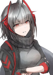 Rule 34 | 1girl, ahoge, antennae, arknights, black gloves, black jacket, black scarf, breasts, commentary, crossed arms, demon horns, fingerless gloves, gloom (expression), gloves, grey hair, grey shirt, hair between eyes, highres, horns, jacket, kiyakyuu, large breasts, looking at viewer, open clothes, open jacket, parted lips, red eyes, red horns, scarf, shirt, short hair, simple background, solo, upper body, w (arknights), white background