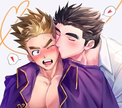 Rule 34 | !, 2boys, bara, blue eyes, blush, brown hair, closed eyes, collared jacket, collared shirt, commentary, doku (hitori ox), heart, highres, horns, jacket, jacket on shoulders, kiss, kissing cheek, long sideburns, looking at another, male focus, multiple boys, muscular, muscular male, one eye closed, open mouth, protagonist 3 (housamo), purple jacket, robinson (housamo), shirt, short hair, sideburns, simple background, spoken exclamation mark, spoken heart, surprised, sweat, teeth, thick eyebrows, tokyo houkago summoners, upper body, upper teeth only, white background, white shirt, yaoi