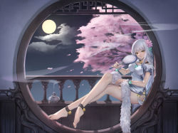 Rule 34 | 1girl, ankle bell, anklet, bare legs, barefoot, bell, breasts, china dress, chinese clothes, commentary request, dress, feather boa, feet, flower, full body, full moon, hair ornament, hand fan, highres, holding, holding fan, indoors, jewelry, jingle bell, large breasts, legs, long hair, looking at viewer, miso (b7669726), moon, night, original, pink flower, short sleeves, sitting, smile, solo, toes, very long hair, white dress, white hair, yellow eyes