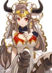 Rule 34 | 10s, 1girl, aliza (granblue fantasy), armor, bare shoulders, breasts, cleavage, draph, dress, earrings, granblue fantasy, greaves, hand on own chest, horns, jewelry, large breasts, light brown hair, long hair, pointy ears, pupps, red eyes, signature, simple background, sitting, solo, white background