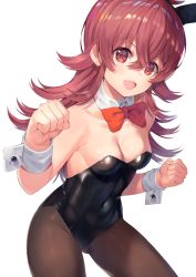 Rule 34 | 1girl, :d, ahoge, animal ears, bare shoulders, black hairband, blush, bow, bowtie, breasts, brown hair, brown pantyhose, cleavage, clenched hands, collar, collarbone, commentary request, covered navel, detached collar, fake animal ears, hair between eyes, hairband, highres, idolmaster, idolmaster shiny colors, komiya kaho, leotard, long hair, looking at viewer, medium breasts, open mouth, orange bow, orange bowtie, pantyhose, playboy bunny, rabbit ears, rangen, red eyes, simple background, smile, solo, strapless, strapless leotard, white background, white collar, wing collar, wrist cuffs