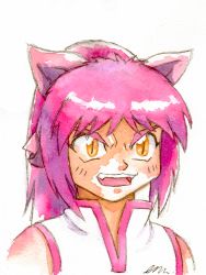 Rule 34 | 1girl, animal ears, beyblade, blush, cat ears, emily clark, fangs, open mouth, painting (medium), pink hair, revision, shirt, simple background, sleeveless, sleeveless shirt, slit pupils, solo, teeth, traditional media, watercolor (medium), white background, white shirt, yellow eyes