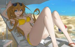 Rule 34 | 1girl, absurdres, arms up, artist request, ass, bare legs, barefoot, beach, bikini, blue eyes, blue sky, breasts, brown hair, cleavage, cup, day, drinking glass, highres, long hair, looking at viewer, lying, medium breasts, navel, neon genesis evangelion, open mouth, sandals, side-tie bikini bottom, sitting, sky, smile, souryuu asuka langley, sunbathing, sunglasses on head, swimsuit, two side up, very long hair, wide hips, yellow bikini