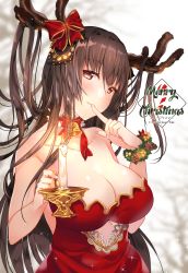 Rule 34 | 1girl, antlers, artist name, blush, breasts, brown eyes, brown hair, candle, cleavage, closed mouth, collarbone, dress, hand up, highres, horns, index finger raised, large breasts, long hair, looking at viewer, merry christmas, original, red dress, reindeer antlers, smile, solo, upper body, usagihime