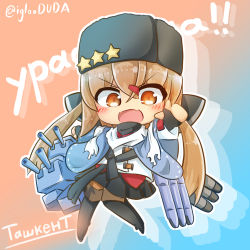 Rule 34 | 1girl, armor, asimo425, belt, black skirt, blouse, blush, boots, brown hair, brown thighhighs, character name, chibi, cyrillic, full body, fur hat, gun, hair between eyes, hair ornament, hairclip, hat, highres, jacket, kantai collection, looking at viewer, miniskirt, open mouth, panties, papakha, red eyes, red shirt, scarf, shirt, skirt, solo, tashkent (kancolle), thighhighs, torn clothes, torn scarf, torpedo, torpedo tubes, turret, underwear, weapon, white jacket, white scarf