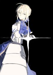 Rule 34 | 1girl, absurdres, ahoge, armor, armored dress, artoria pendragon (all), artoria pendragon (fate), black background, blonde hair, blue dress, blue ribbon, braid, breastplate, closed mouth, commentary, dress, fate/grand order, fate/stay night, fate (series), french braid, gauntlets, gold trim, green eyes, hair ribbon, highres, juliet sleeves, long sleeves, looking at viewer, plackart, puffy sleeves, ribbon, saber (fate), shiro (siro kuten), short hair, simple background, solo