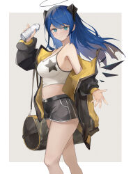 Rule 34 | 1girl, absurdres, arknights, bag, bare shoulders, black jacket, black shorts, blue eyes, blue hair, bottle, breasts, brown background, closed mouth, detached wings, duffel bag, energy wings, feet out of frame, from side, halo, highres, holding, holding bottle, horns, jacket, large breasts, long hair, long sleeves, looking at viewer, looking to the side, mostima (arknights), navel, off shoulder, official alternate costume, open clothes, open jacket, shorts, simple background, smile, solo, standing, water bottle, wings, ykuu yousei