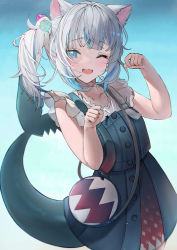 Rule 34 | absurdres, animal ears, bag, betabeet, blue background, blue dress, blue eyes, blue hair, blue nails, blunt bangs, blush, cat ears, collarbone, dress, fingernails, fins, fish tail, gawr gura, gawr gura (casual), gradient background, hair ornament, highres, hololive, hololive english, looking at viewer, multicolored hair, nail polish, official alternate costume, one eye closed, paw pose, shark tail, short hair, side ponytail, sleeveless, smile, tail, two-tone hair, virtual youtuber, white hair