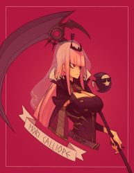 Rule 34 | 1girl, black dress, black nails, blunt bangs, breasts, cape, character name, cleavage, cropped arms, cropped jacket, death-sensei (mori calliope), dress, expressionless, floating, gutalalaman, highres, holding, holding weapon, hololive, hololive english, large breasts, long hair, looking ahead, mori calliope, nail polish, pink hair, red background, red eyes, skull, solo focus, spikes, sunglasses, tiara, veil, virtual youtuber, weapon