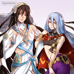 Rule 34 | 1boy, 1girl, azura (fire emblem), azura (fire emblem) (cosplay), bare arms, bare shoulders, black hair, black shirt, blue hair, bracelet, commentary, cosplay, costume switch, crop top, crossdressing, dress, fingerless gloves, fire emblem, fire emblem engage, fire emblem fates, gloves, gzei, hair between eyes, headband, highres, jewelry, long hair, looking at viewer, midriff, nintendo, pants, purple background, purple pants, red eyes, seadall (fire emblem), seadall (fire emblem) (cosplay), shirt, sleeveless, sleeveless shirt, smile, sparkle, stomach, veil, very long hair, white dress, white gloves