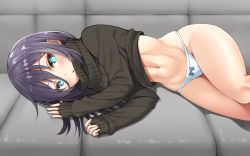 Rule 34 | 1girl, abs, aqua eyes, black sweater, blue bow, blush, bow, bow panties, clothes lift, couch, eyes visible through hair, groin, hair between eyes, hip focus, long hair, looking at viewer, lying, midriff, murata taichi, navel, on side, open mouth, original, panties, purple hair, sidelocks, sleeves past wrists, solo, sweater, sweater lift, thighs, tsurime, turtleneck, turtleneck sweater, underwear, white panties