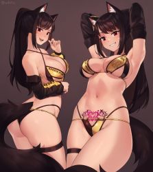 Rule 34 | 1girl, animal ears, armpits, arms up, ass, black hair, breasts, cat ears, cat girl, cat tail, cleavage, commission, highres, iwbitu, large breasts, long hair, long sleeves, looking at viewer, multiple views, navel, original, parted lips, ponytail, pubic tattoo, red eyes, simple background, smile, solo, tail, tattoo, thigh strap, thighs
